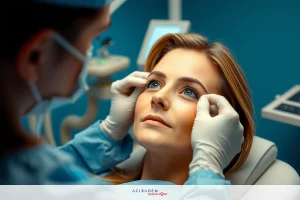 Medical professional wearing surgical mask performing examination procedure on patient. Surgical instruments and a bed are visible in the background.