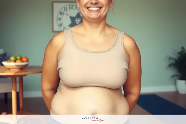 Smiling woman in a room, wearing tank top, appears to be happy and healthy. She is standing near a table with a clock on the wall.