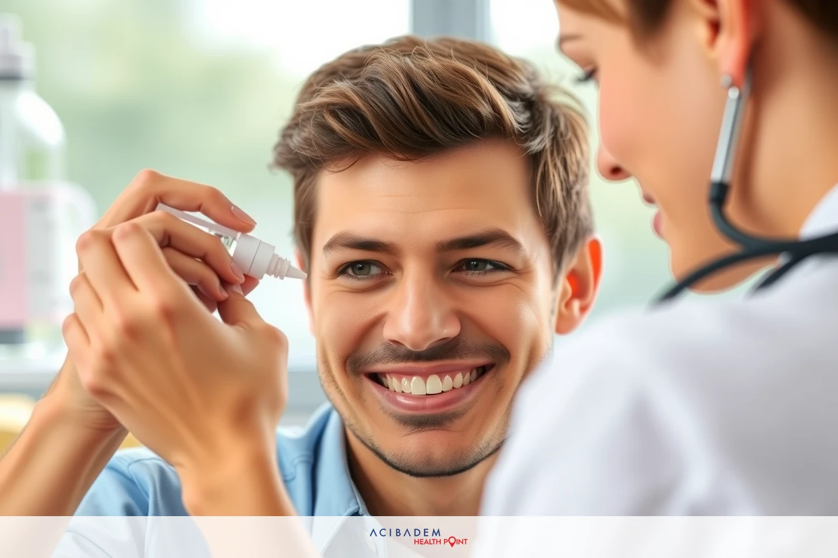 The image shows a man sitting in front of a doctor, both smiling. The man is holding an object close to his mouth and nose, possibly for examination or treatment. They are inside what appears to be a medical office with professional attire visible.