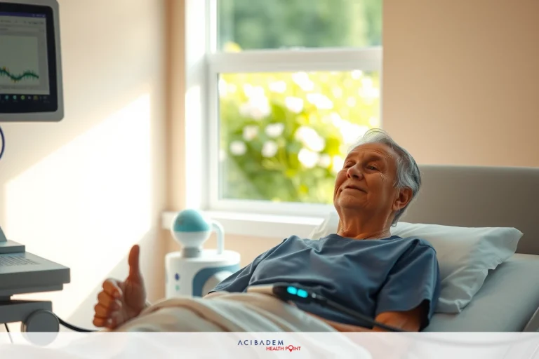 The image depicts an elderly person lying in a hospital bed, hooked up to medical equipment. The individual appears calm and is giving a thumbs-up signal, indicating they are feeling well or are responding positively to treatment. Various monitors and screens are visible around the patient's bed, suggesting ongoing monitoring of health data. Natural light filters in through the windows, creating a warm atmosphere.