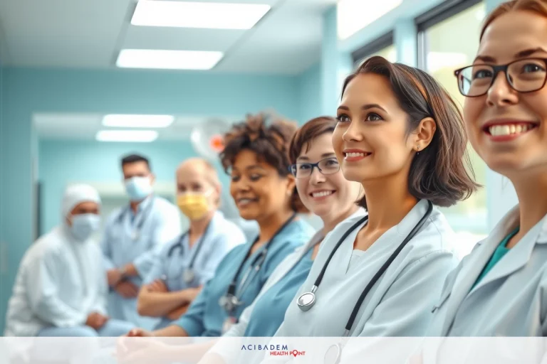 The image depicts a group of medical professionals, possibly doctors or nurses, gathered in a room. Some are wearing face masks and scrubs, indicating they may be on a team attending to patients. The setting suggests they could be receiving instruction or briefing before entering patient care areas. The image depicts a group of medical professionals, possibly doctors or nurses, gathered in a room. Some are wearing face masks and scrubs, indicating they may be on a team attending to patients. The setting suggests they could be receiving instruction or briefing before entering patient care areas.