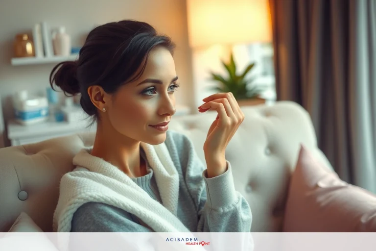 Is it OK to Touch Your Nose After Rhinoplasty? A woman seated in a living room, dressed in a grey outfit with a beige sweater draped over her shoulders. She is looking away from the camera, appearing thoughtful or deep in contemplation.