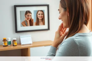 The image features a woman in her mid-30s standing in front of a mirror, checking her appearance. She is wearing casual clothing and has long dark hair. In the background, there are framed photographs of two women on the wall.