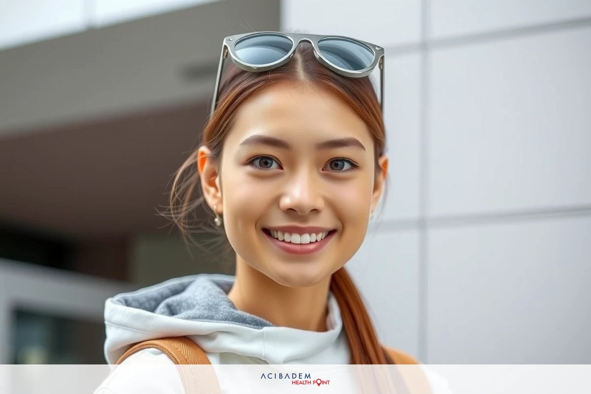 A woman wearing sunglasses smiling at the camera. She has a hoodie on and is standing in an urban environment. The colors are neutral with a focus on the glasses and her white teeth.