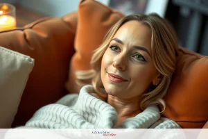 A woman sitting in a couch, holding her belly. She is wearing a white sweater and looking content with a smile on her face.