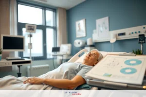 A senior woman is lying in a hospital bed, possibly undergoing medical testing. The room is equipped with modern medical equipment and features a calming blue color scheme.