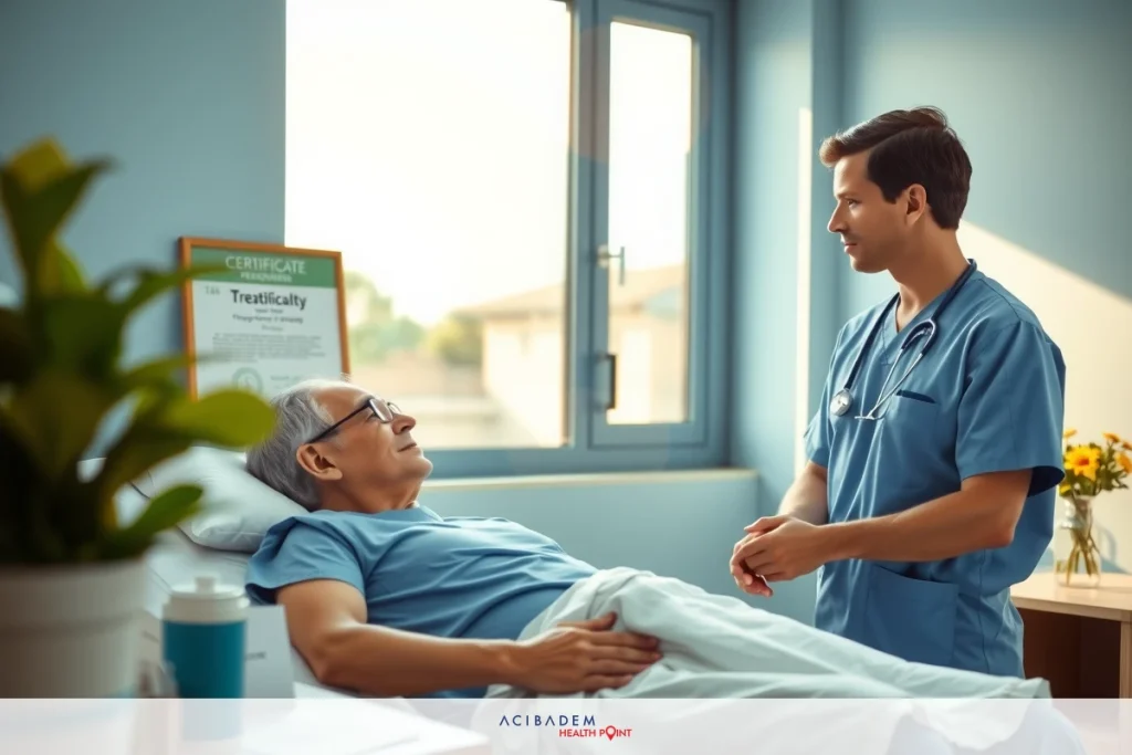 Two medical professionals attending to an elderly patient in a hospital room with blue walls. A doctor wearing scrubs is interacting with the patient who is lying on a hospital bed, possibly discussing health-related topics or giving instructions for care.
