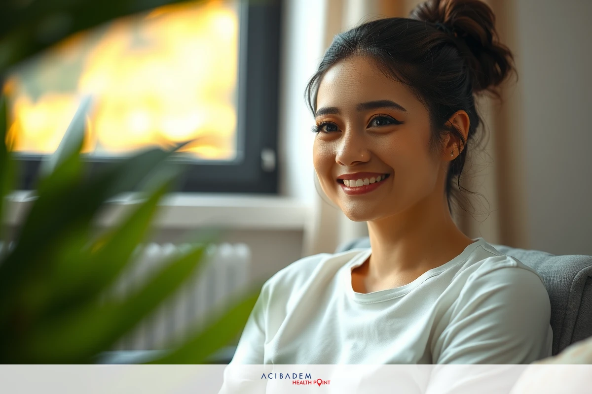 The image shows a woman sitting in what appears to be an indoor setting with modern decor. She is smiling and looking directly at the camera, suggesting a candid and relaxed moment. Her attire is casual yet stylish, comprising a white top. The background features a potted plant, indicating a home or office environment that has been well-decorated.