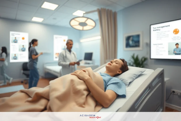 A modern hospital setting with a patient lying in a bed, surrounded by medical personnel and technology. The environment is clean and sterile, with high-tech displays showing medical information.