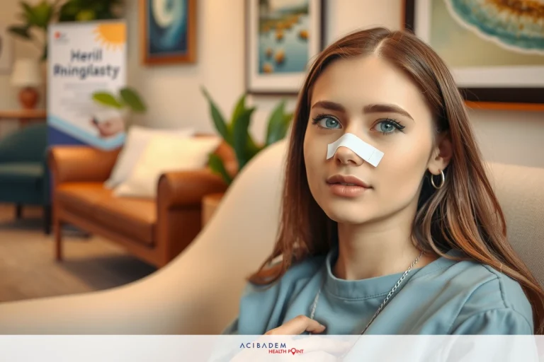The image features a young woman sitting in an indoor setting, likely a waiting room or clinic. She is wearing a light blue top and has a slight smile on her face. Her nose is covered with a small bandage, possibly indicating that she recently had a medical procedure done. There are various items in the background, including pictures on the wall, a plant, and chairs.