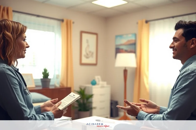 Should I Get a Consultation Rhinoplasty? The image depicts an office environment with two individuals, a man and a woman, engaged in conversation. The man is seated at a desk while the woman stands near him. Both are wearing professional attire, suggesting they may be colleagues or coworkers discussing work matters. Their body language and facial expressions indicate an interactive discussion. The office setting includes standard furnishings such as a couch, chairs, and a desk with various items on it.