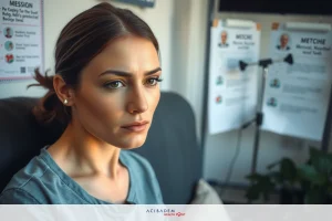A young woman sitting in a chair, looking contemplative. She is wearing a casual t-shirt and has her hair tied back. The environment suggests an office or home workspace with whiteboards in the background.