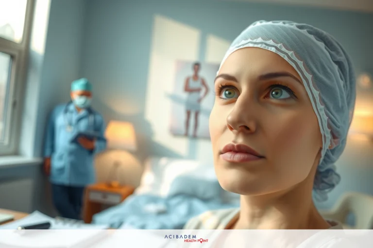 The image depicts a hospital setting. There is a female patient with short hair. She has fair skin and blue eyes, and she appears to be looking up towards the camera with a focused expression on her face.