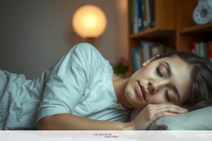 A woman sleeping peacefully on a bed, her eyes closed and lips parted in tranquility. The room is softly lit by lamps, casting a warm glow that contrasts with the cozy dark colors of the environment.