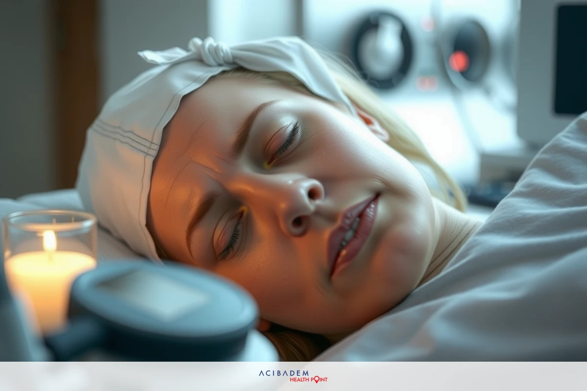 Close-up of a woman lying in hospital bed, wearing medical headgear with eyes closed and appearing to be asleep or resting.