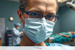 An image of a person in a medical mask and glasses. The individual is wearing blue scrubs with a stethoscope around their neck, indicating they are likely a healthcare professional.