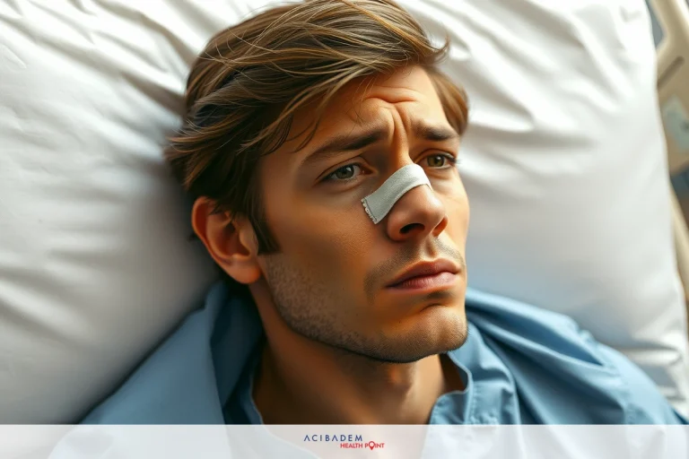 In the image, there is a man lying on a hospital bed. The man is wearing blue scrubs which are typical attire for patients in medical facilities. The bedding beneath him suggests a sterile, clinical environment, reinforcing the setting of a hospital.