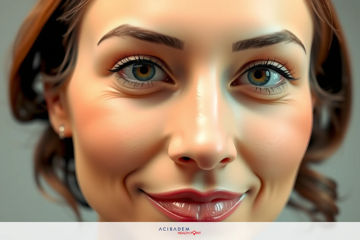 The image features a woman with a light skin tone and hazel eyes. Her expression is neutral with a soft smile. She has voluminous eyebrows, long lashes, and her makeup includes subtle blush and lipstick.