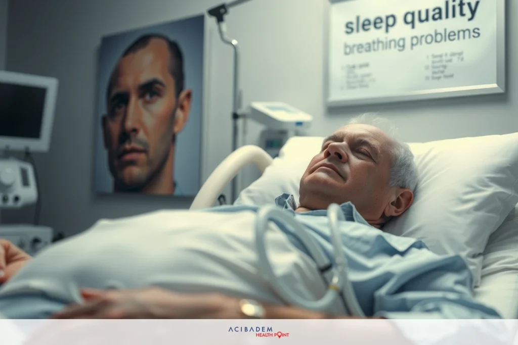 The image depicts a hospital setting with an older male patient lying on a bed. He has various medical devices attached to him, suggesting he is in the midst of treatment or recovery.