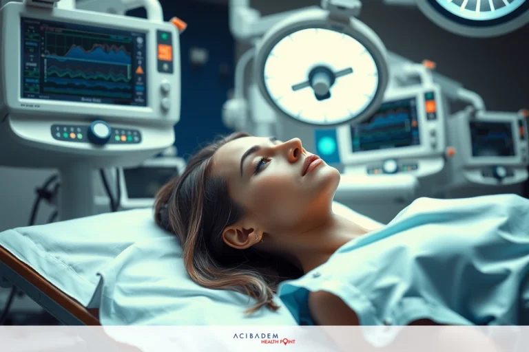 Do You Have to Be Put to Sleep for Rhinoplasty? The image depicts a woman lying on a hospital bed, surrounded by medical equipment such as monitors and pulse oximeters. The setting appears to be an intensive care unit or similar high-tech healthcare environment.