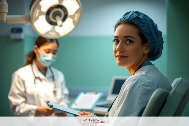The image shows a medical setting with two doctors, likely in the process of treating or discussing a patient. One doctor is seated at a desk and looking over some papers, while the other stands beside her, also engaged in their work. Both are wearing surgical masks and hats, indicative of a sterile environment.