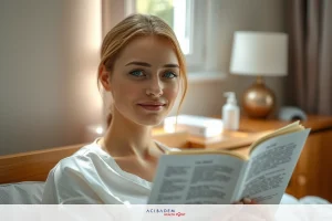 A woman lying in bed reading a book, with her head resting on pillows. The room is softly lit, and there's a warm glow coming from the window behind her.