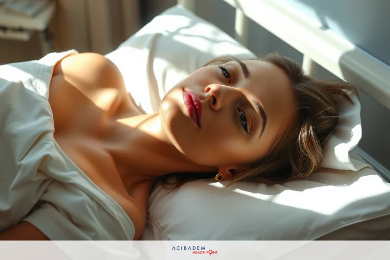 The image shows a woman lying in bed, with sunlight filtering through the window onto her face. She is gazing towards the viewer with a relaxed expression. Her eyes are lightly opened and she wears a neutral expression on her face. The room has soft natural light, suggesting it might be daytime.