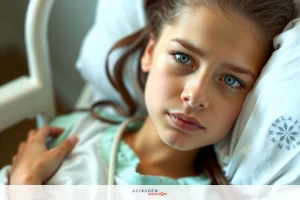 The image shows a young woman lying on her stomach in a hospital bed. She has light brown hair and is looking upwards, which suggests she may be experiencing pain or discomfort.