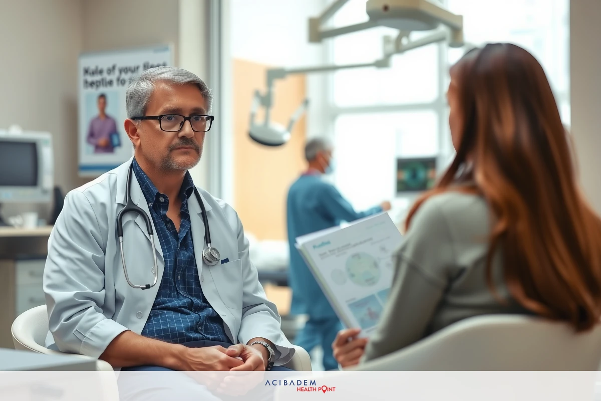 In a professional medical office setting, a doctor in scrubs and glasses is seated on the left side, attentively listening to a woman. She holds a clipboard with papers, suggesting an evaluation or consultation session. The environment includes examination chairs and examination equipment, indicating a multifunctional clinic.