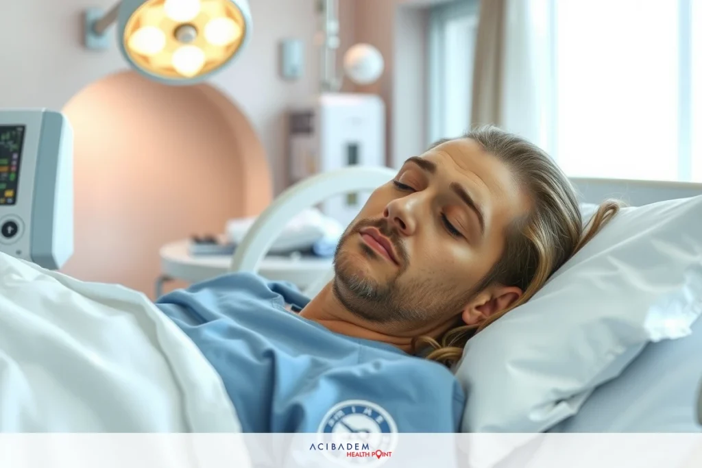How Long Do I Need to Sleep Upright After Rhinoplasty? The image shows a person lying in a hospital bed, appearing to be unwell. The individual is covered with blankets and appears to be hooked up to medical equipment. The environment suggests an indoor setting, likely a hospital room, with clinical lighting and medical equipment visible.