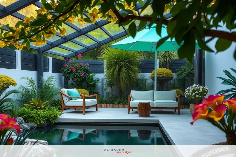The image depicts a modern outdoor living space. The area features a large glass enclosed structure with transparent panels, providing a greenhouse-like environment for tropical plants that thrive within. A variety of potted plants add to the lushness of the setting, and colorful flowers are scattered around the area. Outdoor furniture includes seating options arranged under an umbrella for shade. The scene suggests a serene and relaxed atmosphere, possibly in a residential garden or a themed outdoor restaurant.