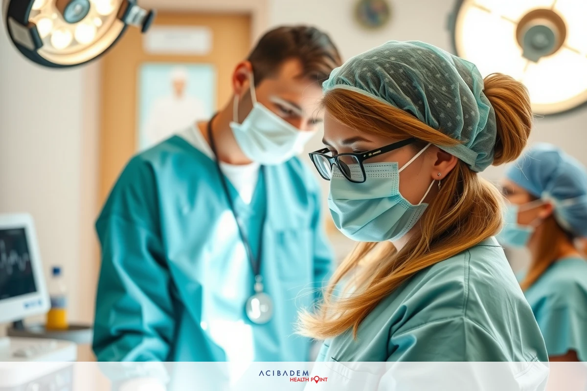 The image depicts a medical setting with surgeons wearing surgical gowns and masks, one of whom appears to be looking at a patient during a procedure. The focus is on the individuals performing their duties in an operating room environment.