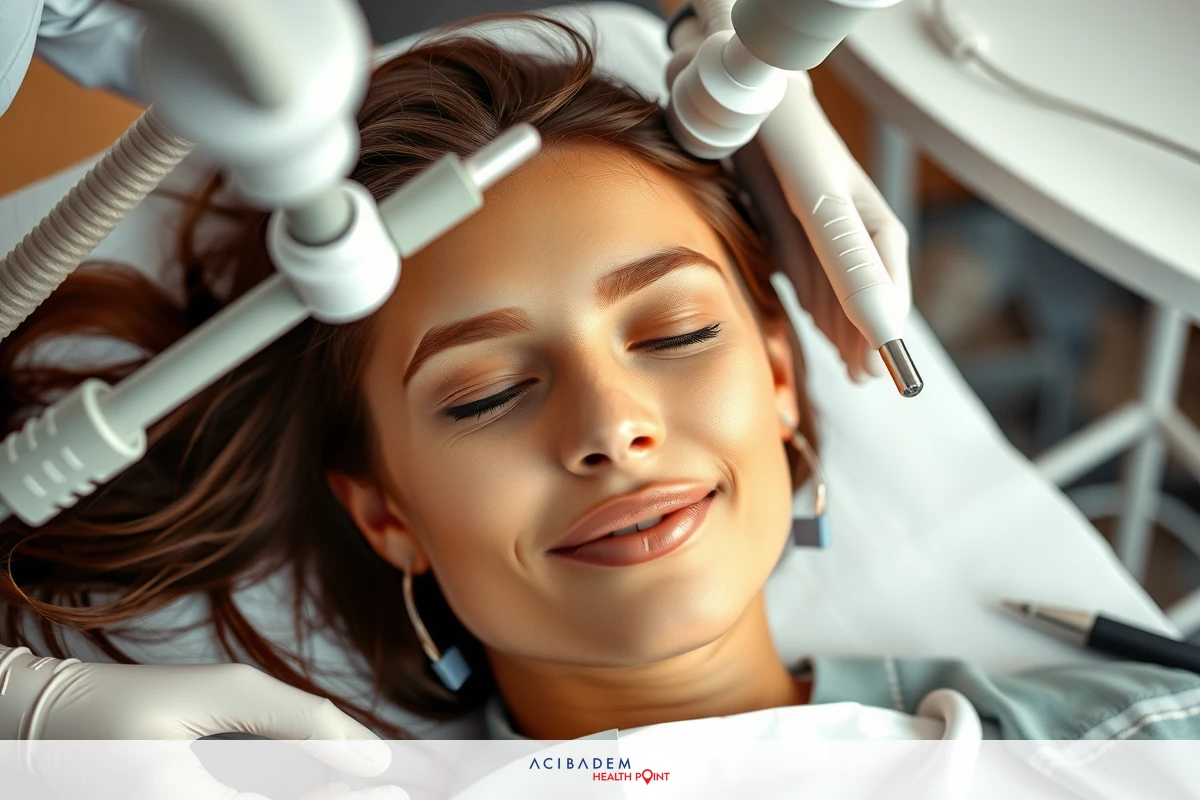 The image shows a woman lying down on a examination chair with her eyes closed. She appears to be at ease and possibly experiencing some form of treatment or examination, as suggested by the presence of medical equipment in the background. The colors are naturalistic, focusing on the woman's facial features and the sterile environment. The context suggests a routine check-up or dental procedure.