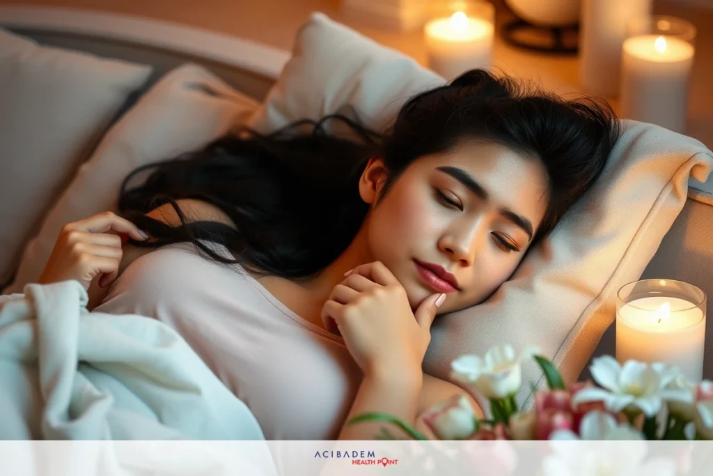 How Bad is the Recovery from Rhinoplasty? The image depicts a woman peacefully sleeping in a dimly lit room. The room is softly illuminated by candlelight, casting warm shadows and highlighting the tranquil atmosphere. The woman's serene expression suggests she is resting comfortably. Her surroundings are cozy with white bedding and sheer curtains adding to the relaxed ambiance.