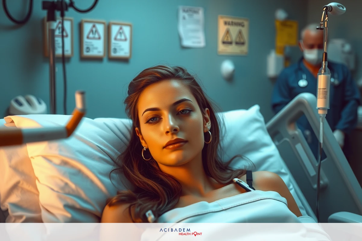 A woman in a hospital bed with medical equipment around her, and two medical professionals attending to her needs. The scene is set in an emergency room environment.