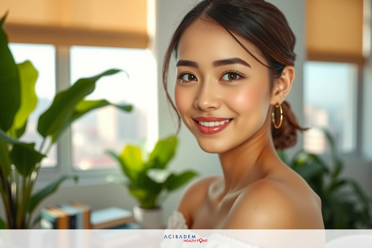 The image shows a woman smiling at the camera. She has an elegant makeup style with highlighted cheeks and lips, wearing gold-colored earrings. The setting appears to be an indoor space with greenery, possibly a home or office environment with plants in the background.