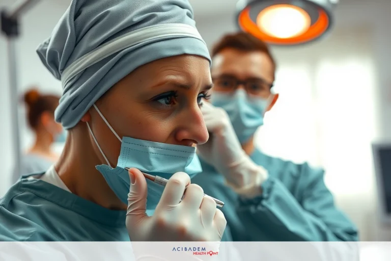 The image shows a surgical environment with medical personnel preparing for an operation. There is a focus on the patient, who appears to be receiving care and attention from the surgeon in scrubs and nurses in professional attire.