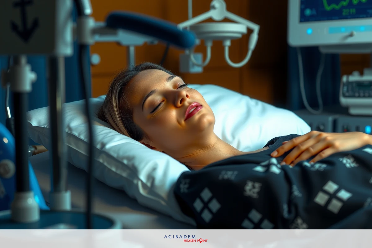 A woman in a hospital bed, resting. Medical equipment around her indicates she may be receiving treatment or monitoring.