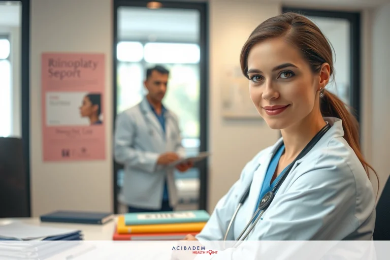 Two medical professionals. They are in white scrubs and seen in an office environment. The female doctor is seated at a desk with books and a clipboard, suggesting she might be reviewing medical records or preparing to conduct a consultation.