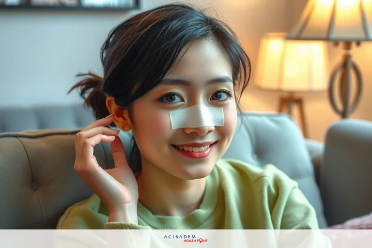 A woman with a bandage on her face, sitting on a couch in a cozy home environment.