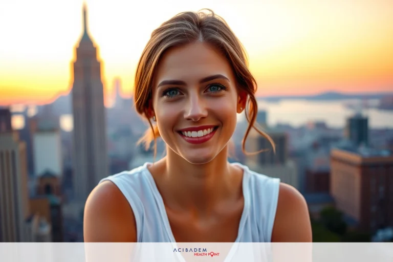 How Is Open Rhinoplasty Performed? Smiling woman with blonde hair, white sleeveless top, and a cityscape behind her.
