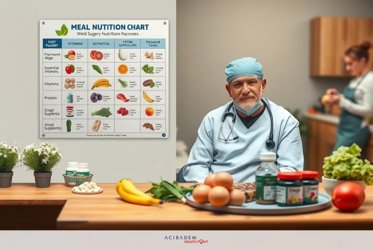 How Long Do You Wait to Eat After Rhinoplasty The image depicts a professional in medical attire, possibly a doctor or nutritionist, sitting at a table with various food items arranged on it. The individual is wearing surgical scrubs and a stethoscope. In the background, there is a wall-mounted meal planning chart that includes images of different types of foods, which suggests a focus on dietary advice or nutrition. The tabletop also has several potted plants adding to the indoor setting.