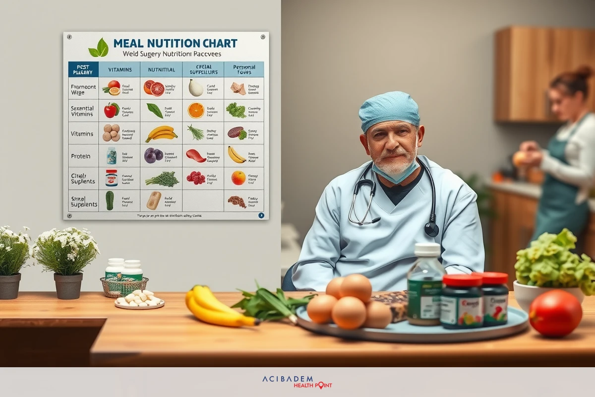 The image depicts a professional in medical attire, possibly a doctor or nutritionist, sitting at a table with various food items arranged on it. The individual is wearing surgical scrubs and a stethoscope. In the background, there is a wall-mounted meal planning chart that includes images of different types of foods, which suggests a focus on dietary advice or nutrition. The tabletop also has several potted plants adding to the indoor setting.