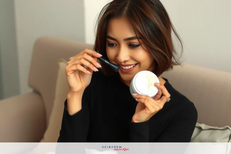 A woman holding a jar of skincare cream, wearing makeup and smiling. She is seated on a couch with a neutral background.