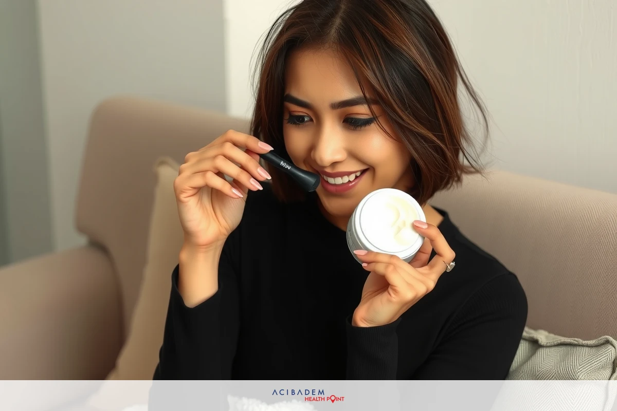 A woman holding a jar of skincare cream, wearing makeup and smiling. She is seated on a couch with a neutral background.