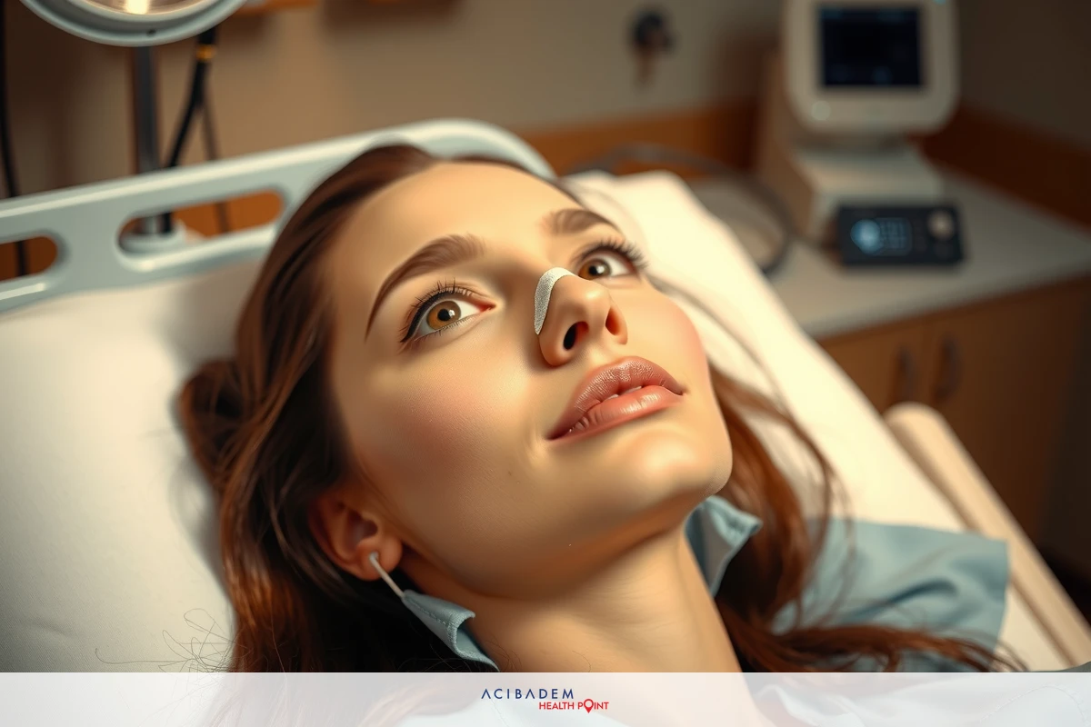 A hospital setting with a woman lying on a bed, possibly receiving medical attention.