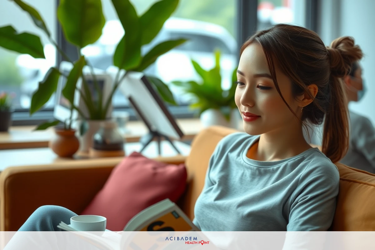 A young woman reading a book while sitting on a couch in an indoor setting. The room has natural light coming through windows, and she is wearing a grey top.
