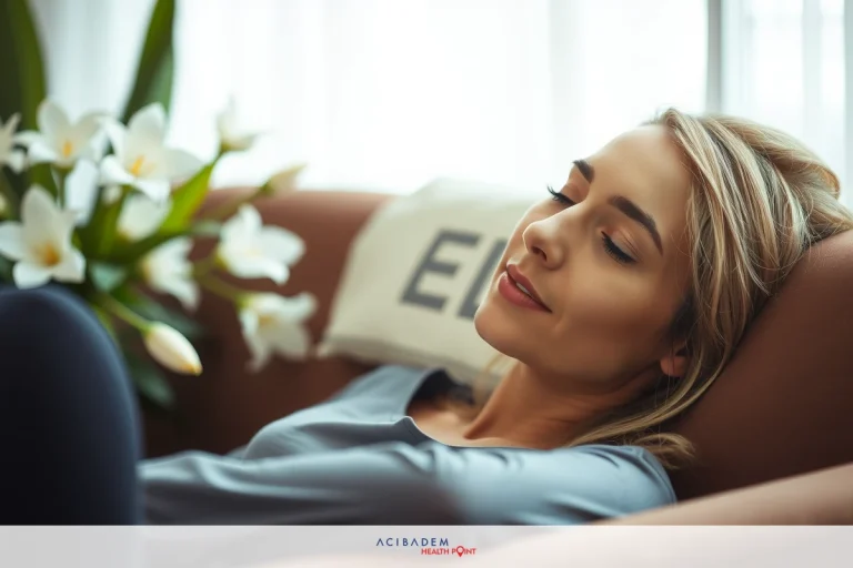 A woman in a gray shirt is resting comfortably on a couch. She has her eyes closed, indicating she might be asleep or relaxed. A bouquet of flowers nearby adds to the serene atmosphere of the setting.