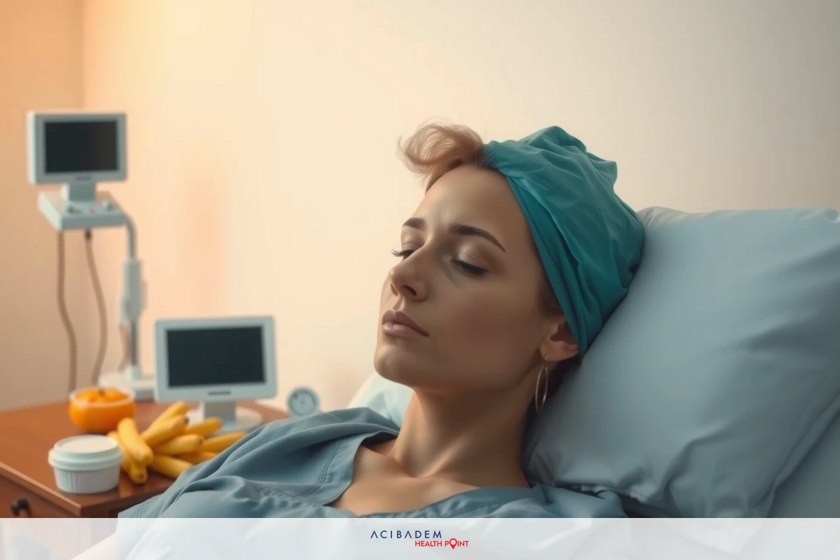The image shows a woman lying in a hospital bed. She appears to be sleeping or resting with her eyes closed and is wearing a blue surgical scrubs. The room looks like an ordinary hospital room with standard medical equipment and supplies visible in the background.