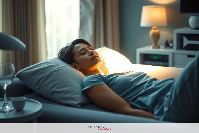 A woman in a bed. She has short hair and wearing a blue t-shirt.